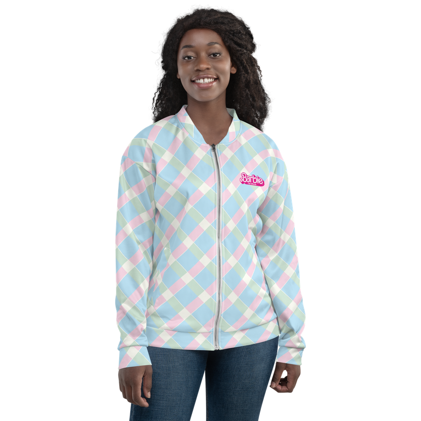 Printed Plaid Unisex Bomber Jacket - Barbie the Movie For Sale