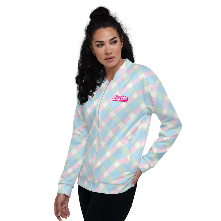 Printed Plaid Unisex Bomber Jacket - Barbie the Movie For Sale